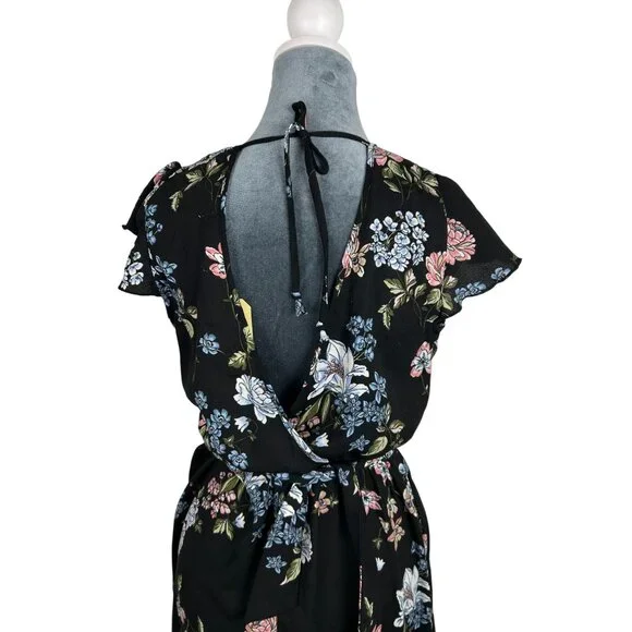 BO.G Collective Floral Wrap Maxi Dress Black/Blue Small With Flutter Sleeves NWT - Picture 4 of 16